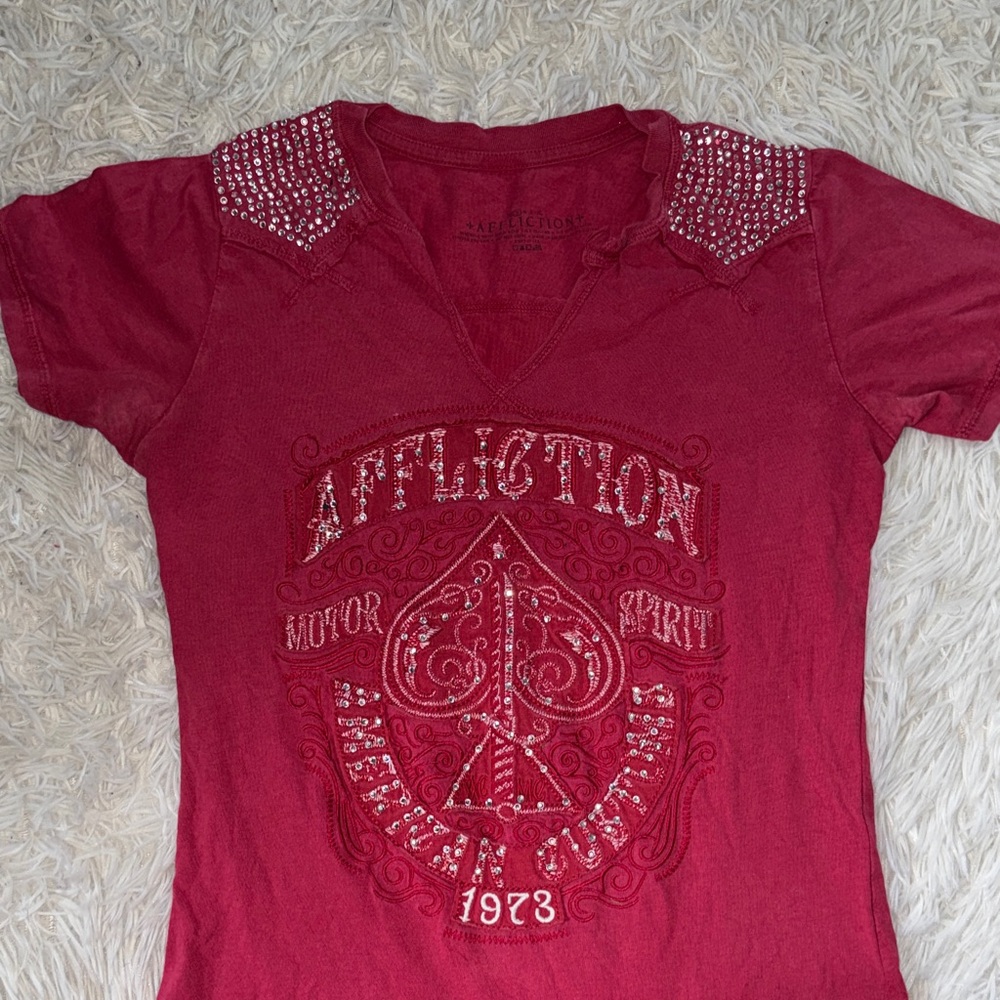 Affliction Women's Red Graphic Tee with Studded Shoulders